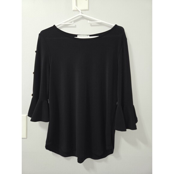 Green Envelope Tops - Green Envelope Black Elbow Length Sleeve Black Blouse with Keyhole Openings, M